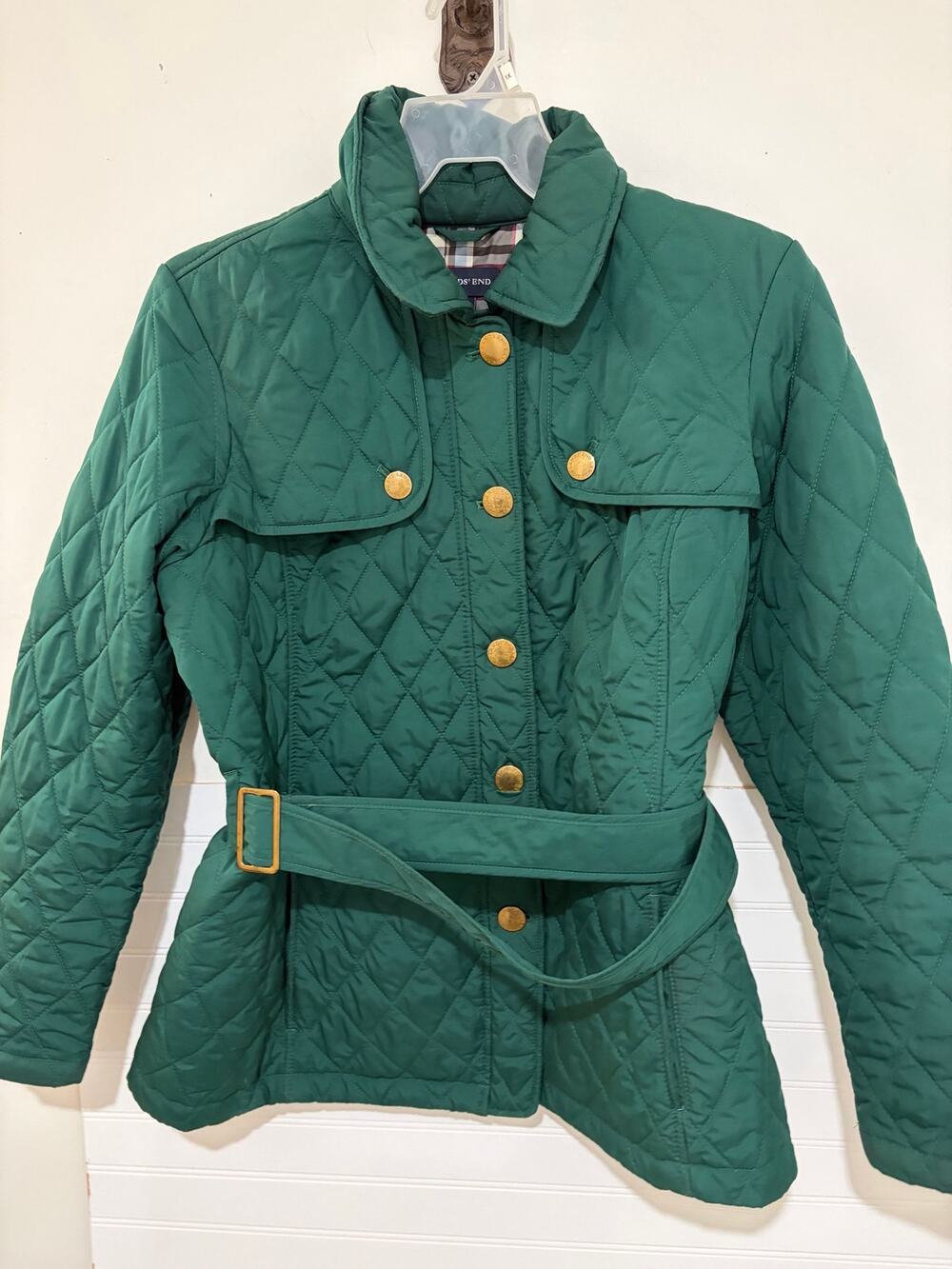 Lands End Quilted Barn Jacket Emerald Green Belted Size Large 14-16